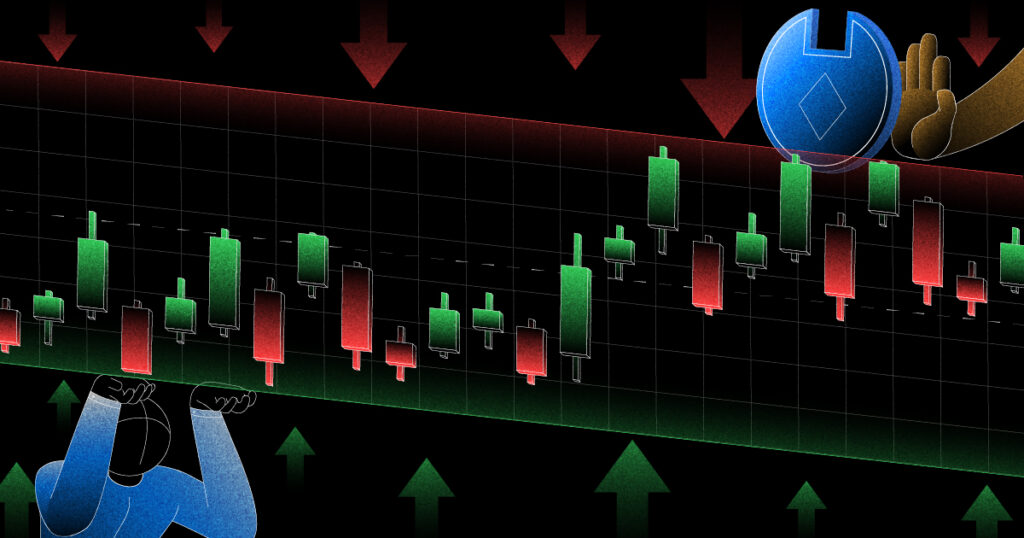 A person supporting price candlesticks from below and a person pushing price candlesticks down from above