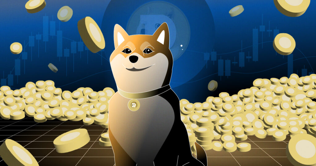 Shiba Inu dog standing in a field of coins